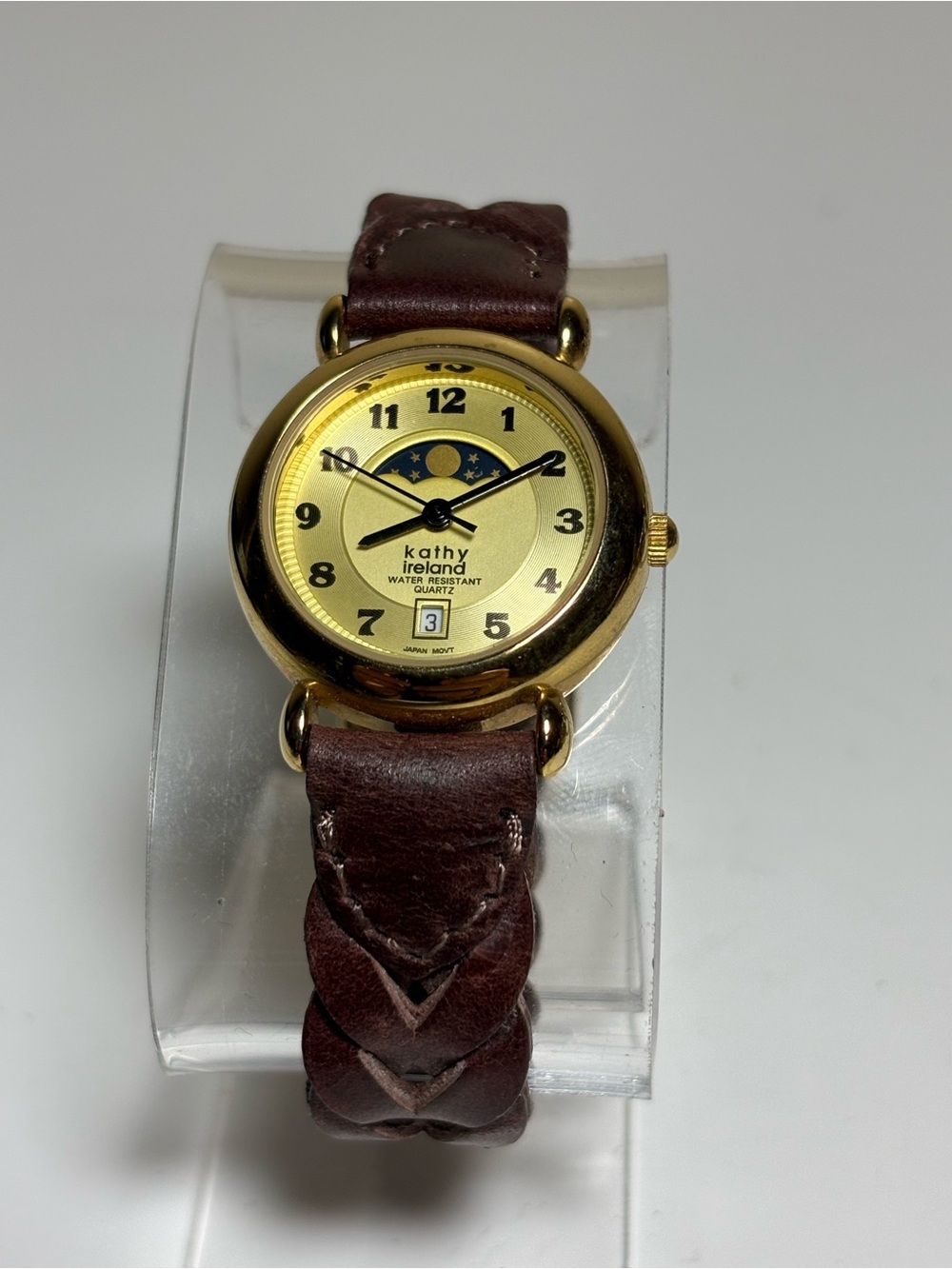 Kathy Ireland Gold Dial Watch with Brown Braided Strap and Moonphase